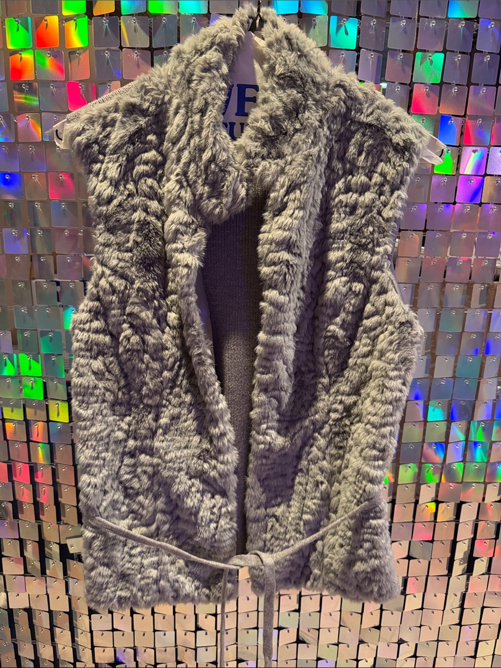 White House Black Market Gray Faux Fur Knit Vest with Tie Waist